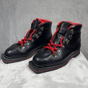Vintage Monashee Canada Made Leather Ski Boots Black Red Vibram sole Size 10.5